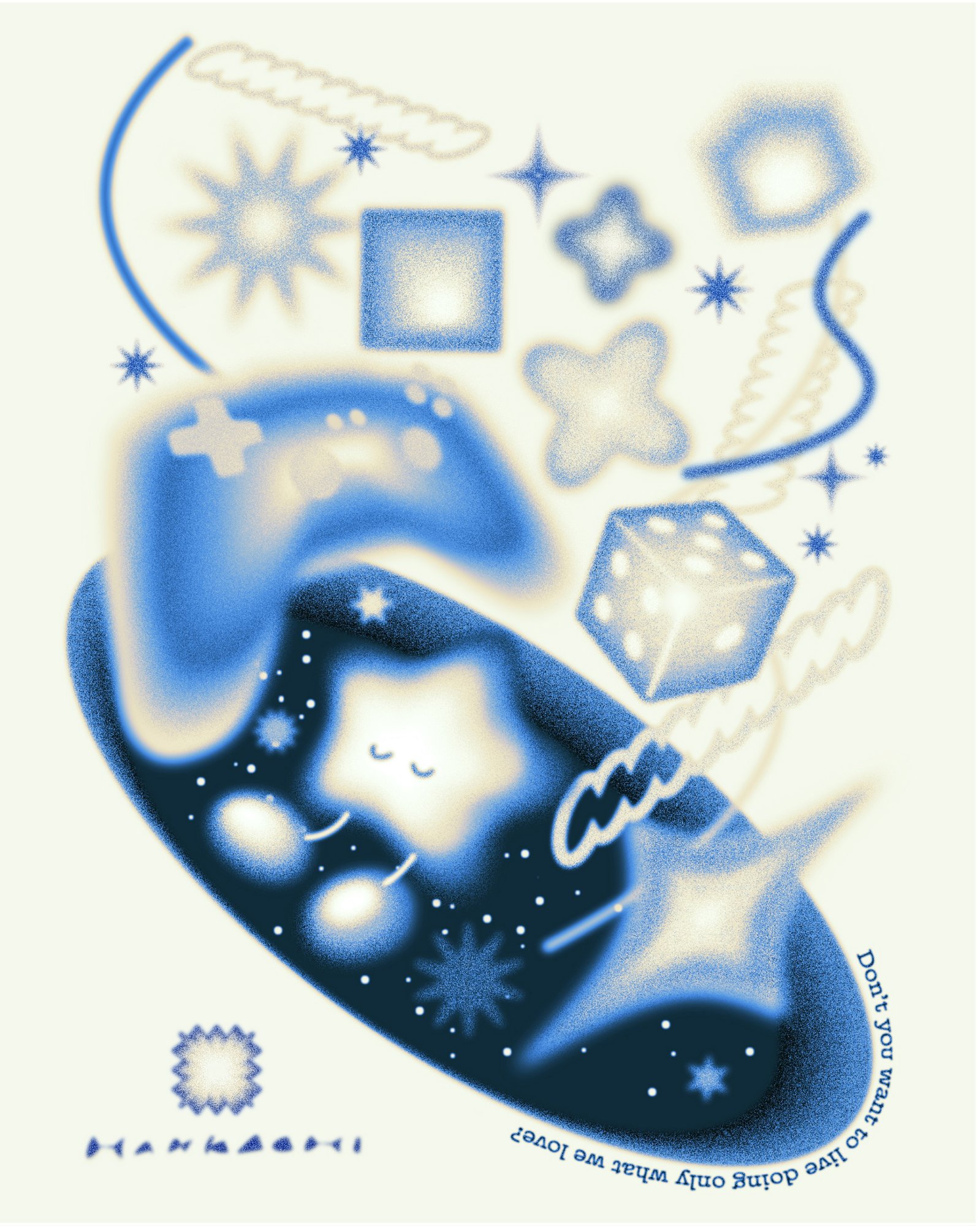 青と生成りで描かれた星の子のイラスト