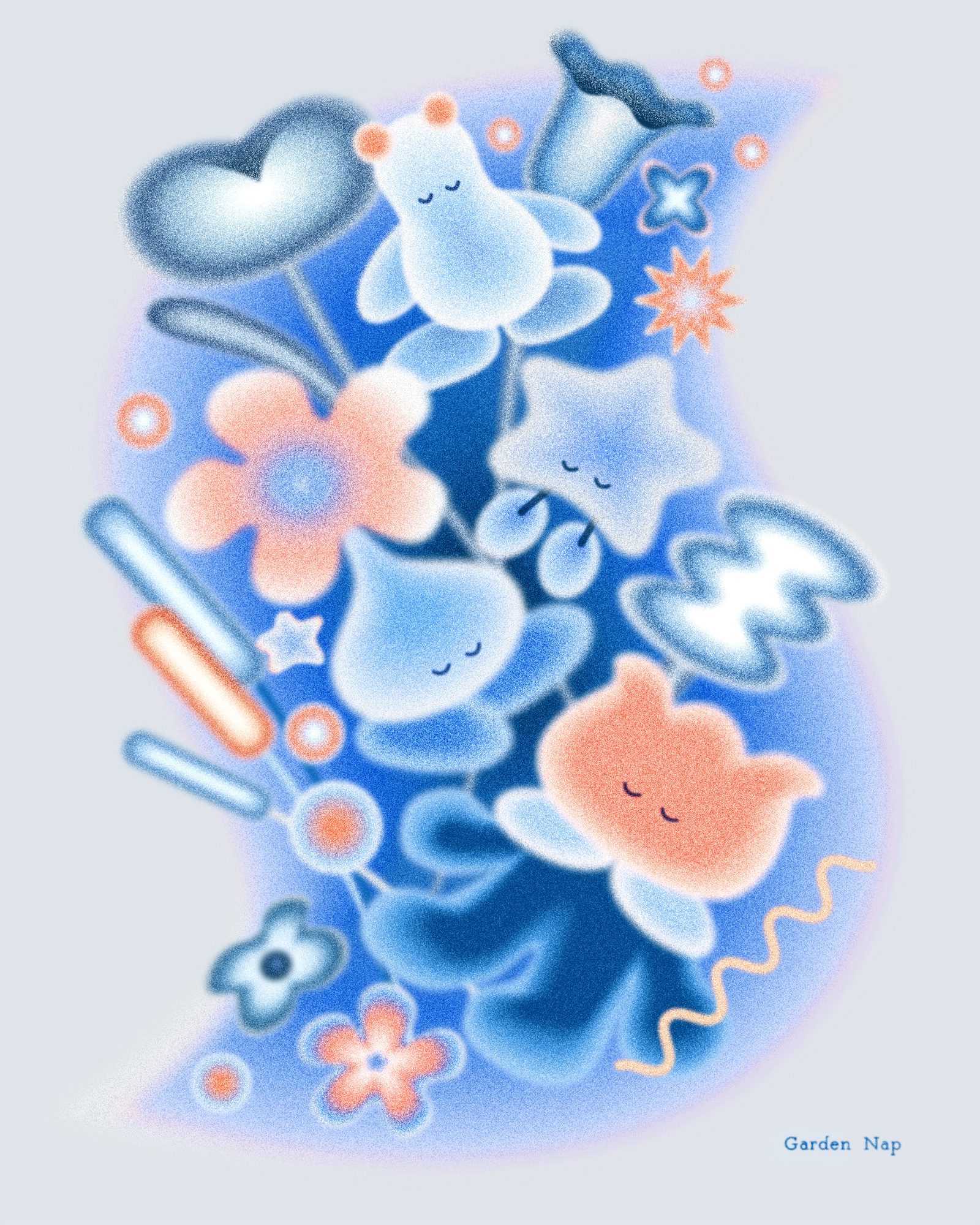 青とオレンジの花に眠る子たちのイラスト Garden Nap